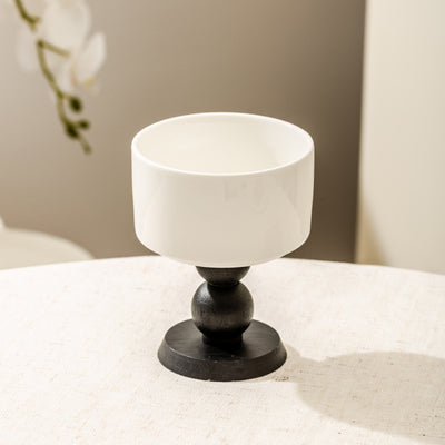 Modern Ceramic Pedestal Goblet Bowl with Wooden Base – Elegant High-Footed Porcelain Dessert Cup