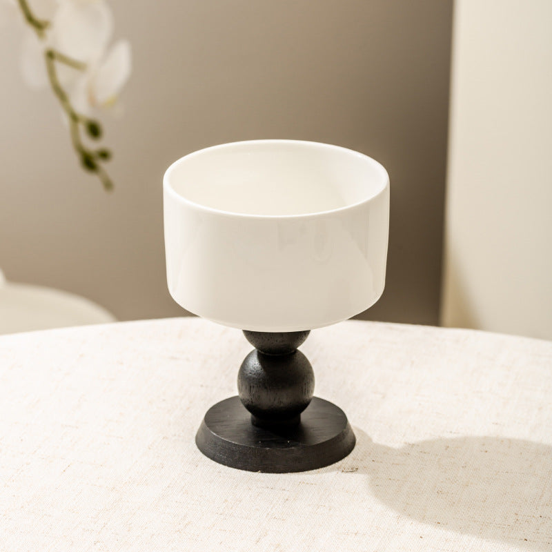 Modern Ceramic Pedestal Goblet Bowl with Wooden Base – Elegant High-Footed Porcelain Dessert Cup