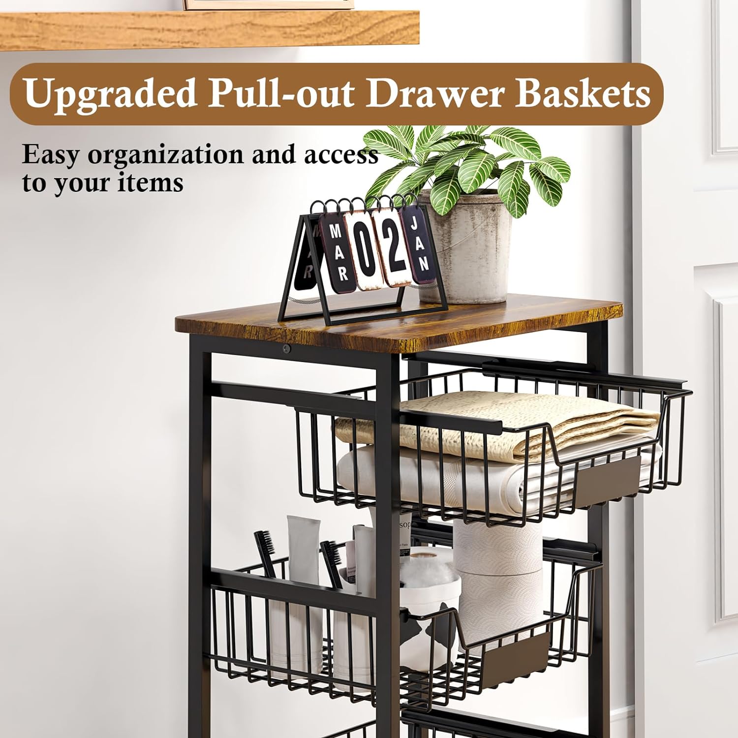 4-Tier Rolling Snack Organizer Cart with Industrial Wood Top – Mobile Pantry Storage