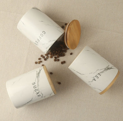 3-Piece Marble-Pattern Ceramic Canister Set with Bamboo Lids