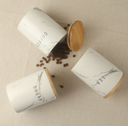 3-Piece Marble-Pattern Ceramic Canister Set with Bamboo Lids