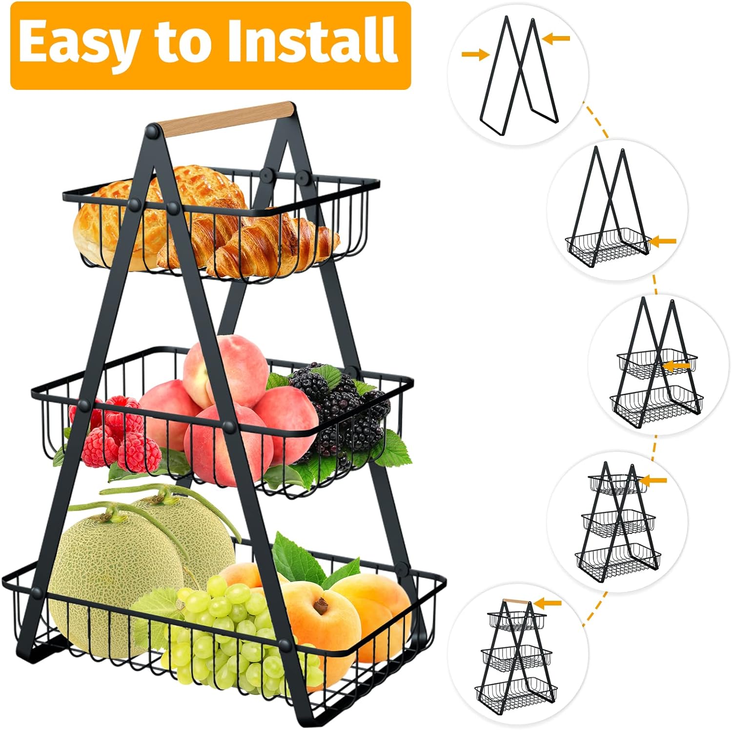 3-Tier Black Metal Wire Market Basket Storage Stand