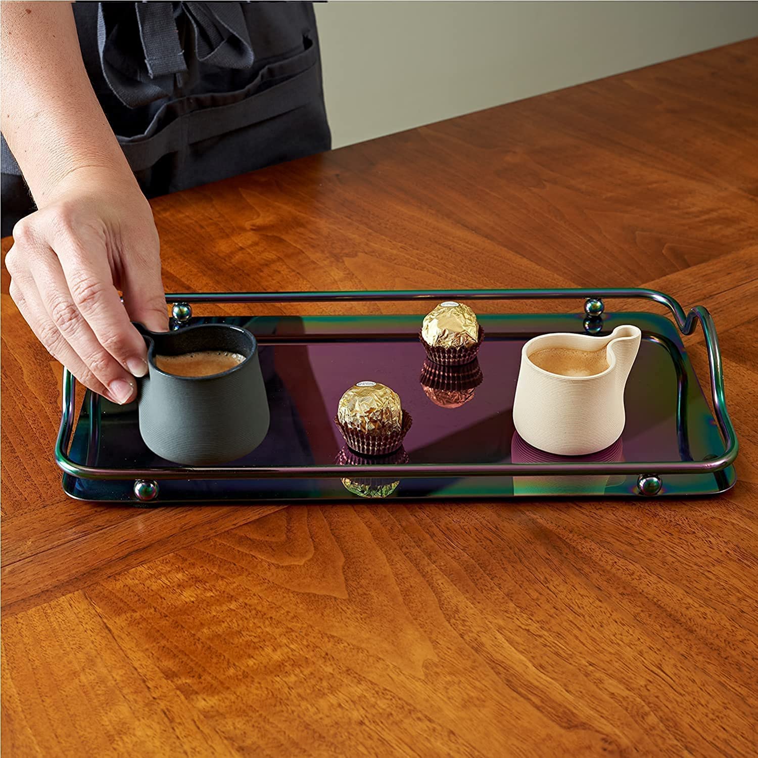 Rectangle Iridescent Beaded Stainless Steel Serving Tray with Handles-Small size