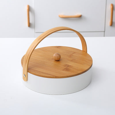 Ceramic Divided Serving Basket with Arched Wooden Handle and Lid-Available in 2 sizes
