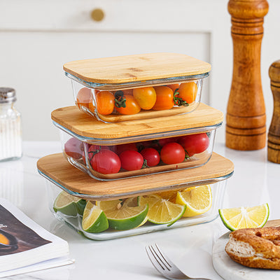 Set of 3 Pieces rectangular Glass Food Storage Containers  with Bamboo Lid