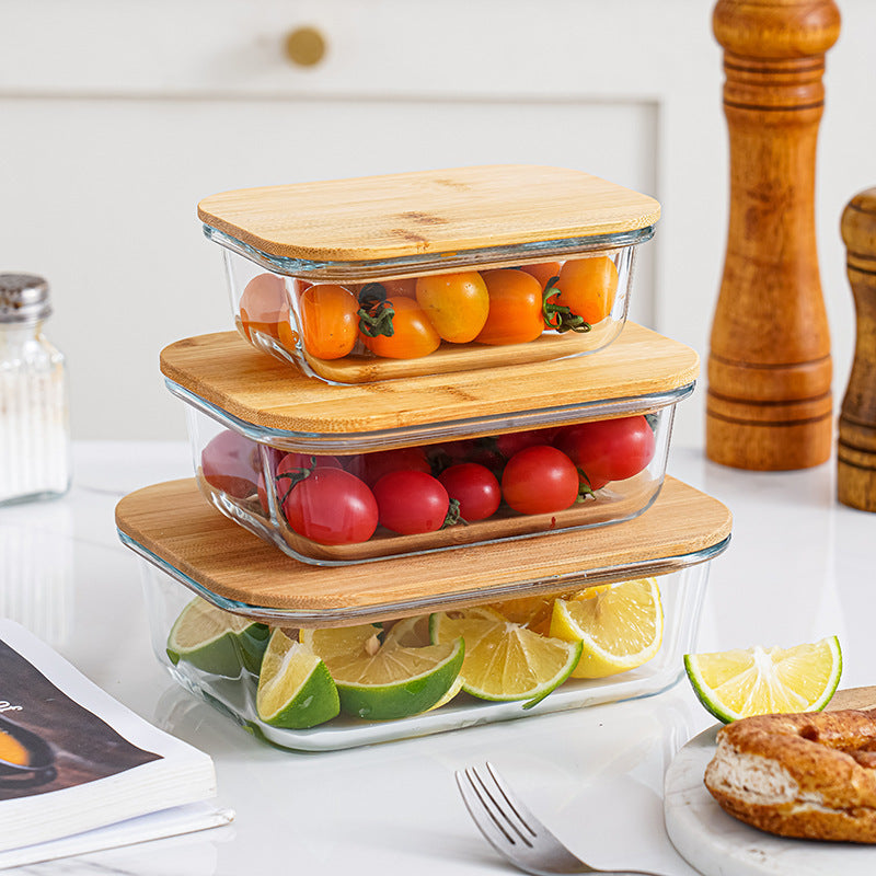 Set of 3 Pieces rectangular Glass Food Storage Containers  with Bamboo Lid