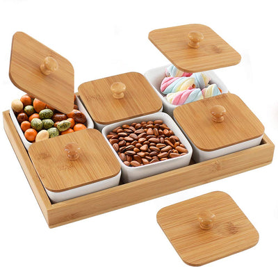 6 Removable Ceramic Compartment Bowls with Bamboo Tray