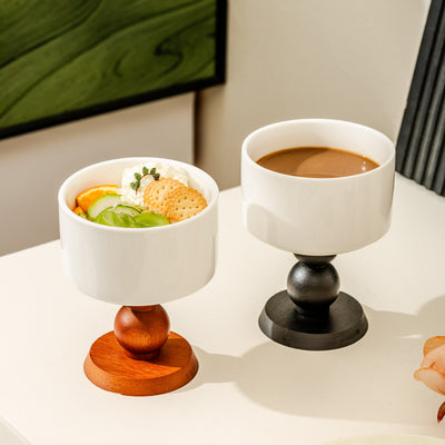 Modern Ceramic Pedestal Goblet Bowl with Wooden Base – Elegant High-Footed Porcelain Dessert Cup