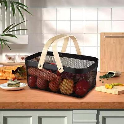 Rectangular Wire Mesh Basket Metal with Bamboo Handle