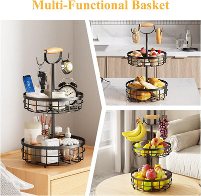 2 Tier Metal Bamboo Food Storage Fruit Basket Vegetable