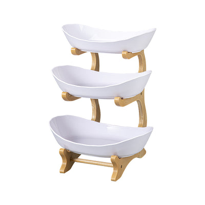 3-Tier Bamboo & Ceramic Tiered Serving Station