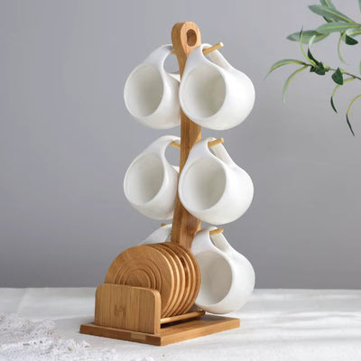 6 Mugs-200ml Tea and Coffee Ceramic Mugs Bamboo Wooden Stand with Coasters