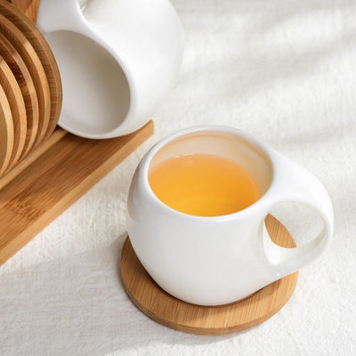 6 Mugs-200ml Tea and Coffee Ceramic Mugs Bamboo Wooden Stand with Coasters