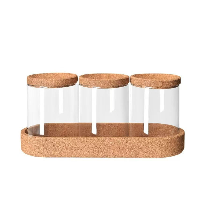 Glass Vanity Organizer Set with Natural Cork Lids & Tray