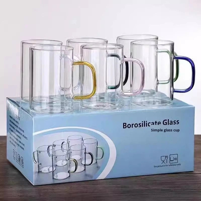 320 ML Set of 6 Clear Borosilicate Glass Cup with Handle Heat Resistant Transparent Glass Cups