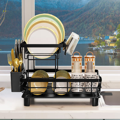 2-Tier Space-Saving Dish Drying Rack – Matte Black