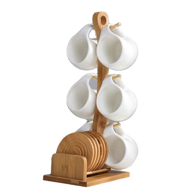 6 Mugs-200ml Tea and Coffee Ceramic Mugs Bamboo Wooden Stand with Coasters