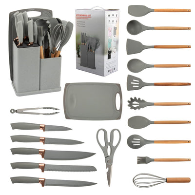 19 Piece Silicone Kitchen Utensil & Stainless-Steel Knife Set with Cutting Board
