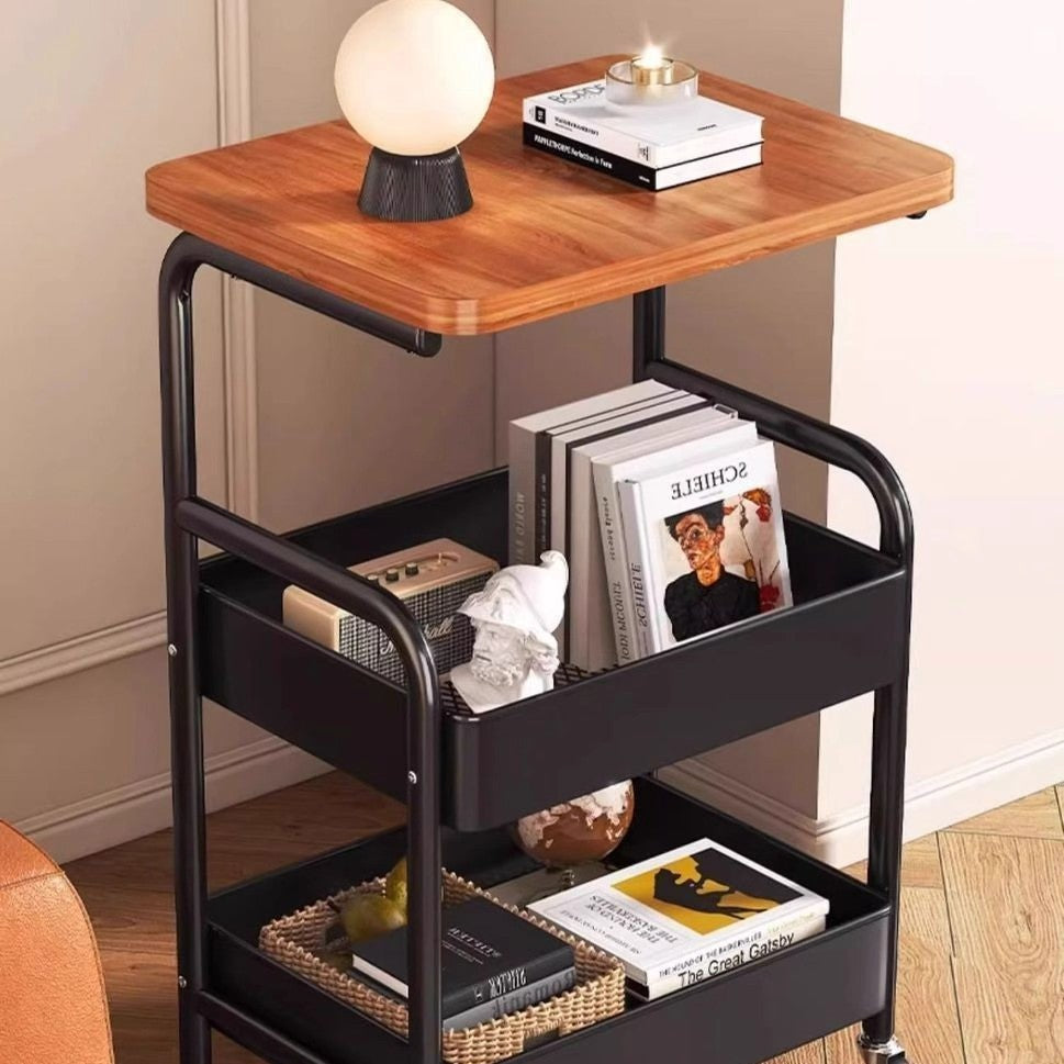3-Tier Mobile Utility Cart with Wooden Tabletop