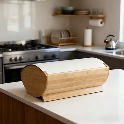 Modern Bamboo Bread Box with Roll-Top Lid – Large Kitchen Bread Storage Container