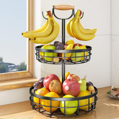 2 Tier Metal Bamboo Food Storage Fruit Basket Vegetable