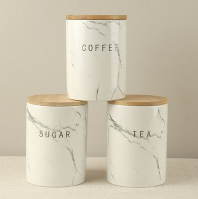 3-Piece Marble-Pattern Ceramic Canister Set with Bamboo Lids