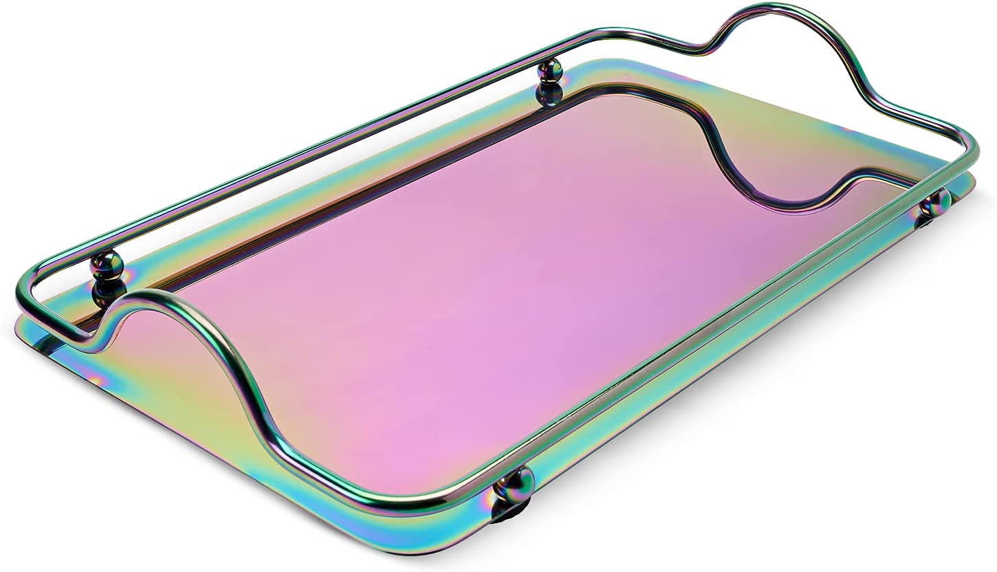 Rectangle Iridescent Beaded Stainless Steel Serving Tray with Handles-Small size