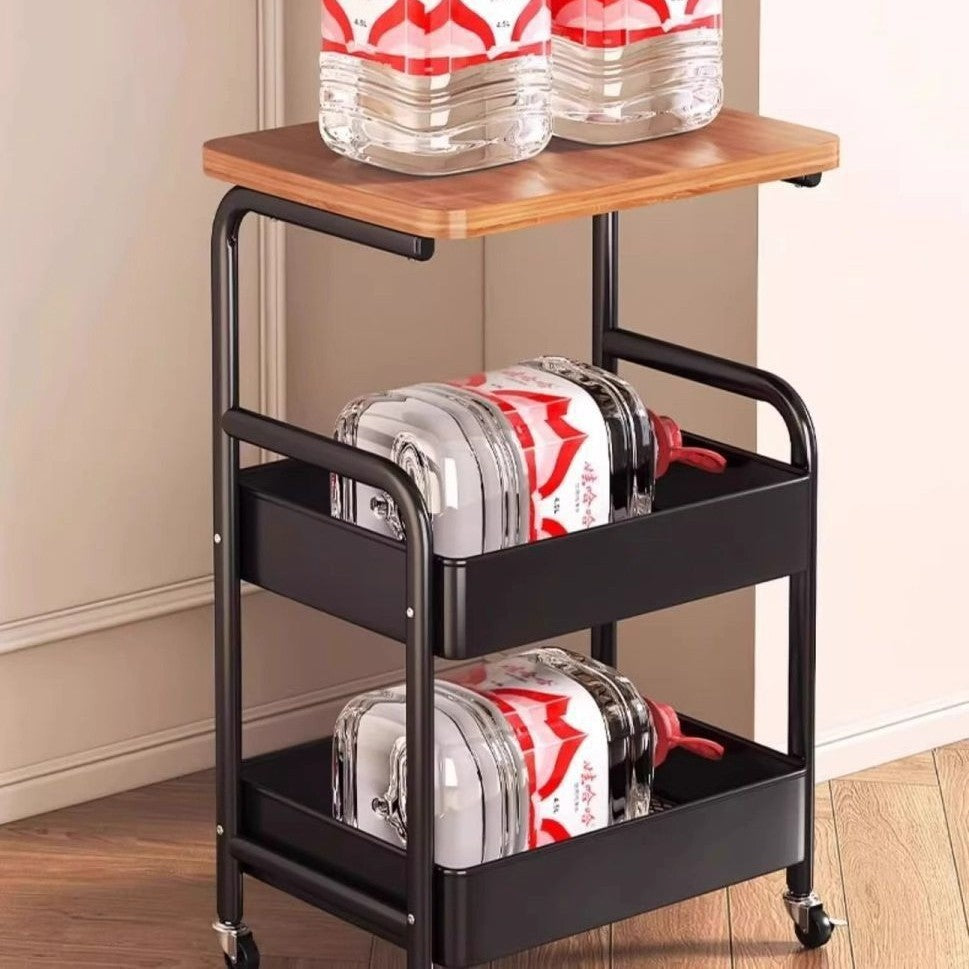 3-Tier Mobile Utility Cart with Wooden Tabletop