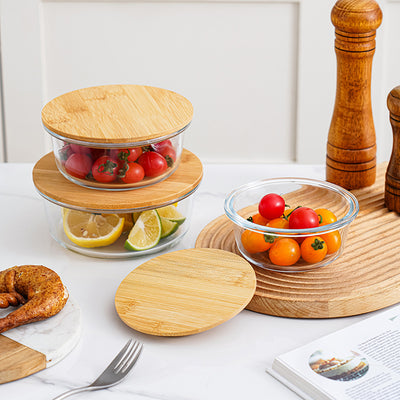 Set of 3 Pieces round Glass Food Storage Containers with Bamboo Lid