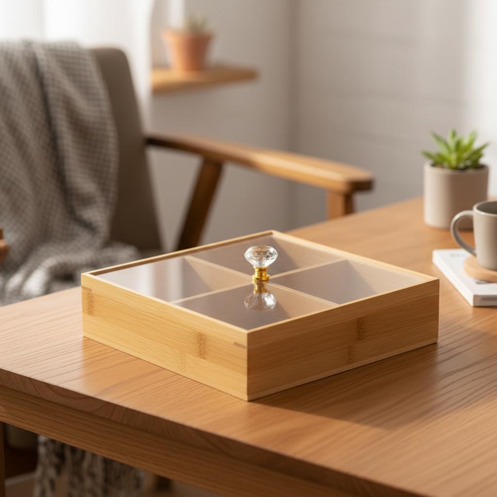 4-Compartment Bamboo Organizer Box with Clear Acrylic Lid
