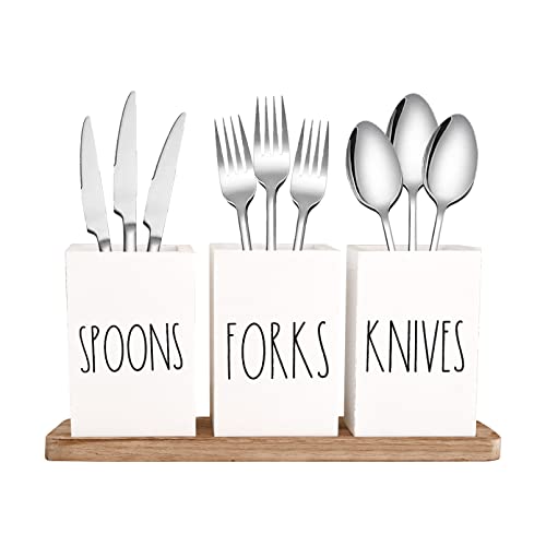 3-Compartment Double side Cutlery Caddy with Wooden Base