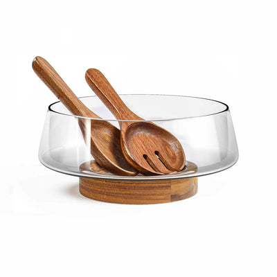 Contemporary 3600ml Glass Salad Bowl with Multifunctional Acacia Wood Base & Lid