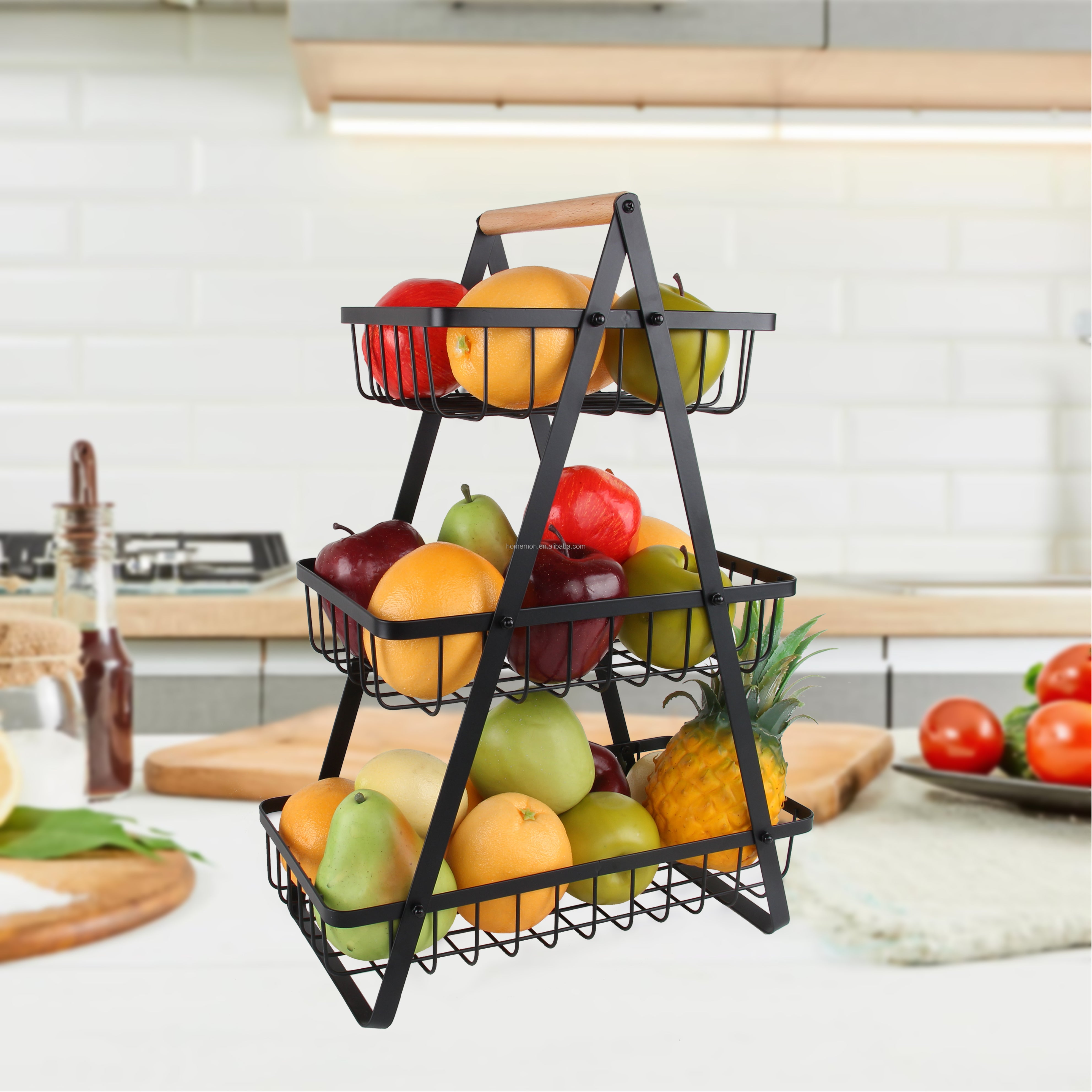 3-Tier Black Metal Wire Market Basket Storage Stand
