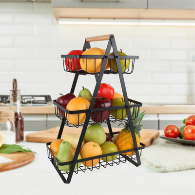 3-Tier Black Metal Wire Market Basket Storage Stand