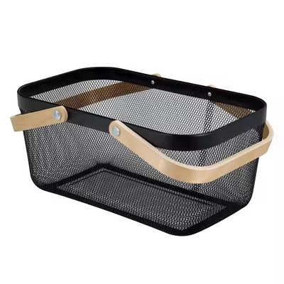 Rectangular Wire Mesh Basket Metal with Bamboo Handle