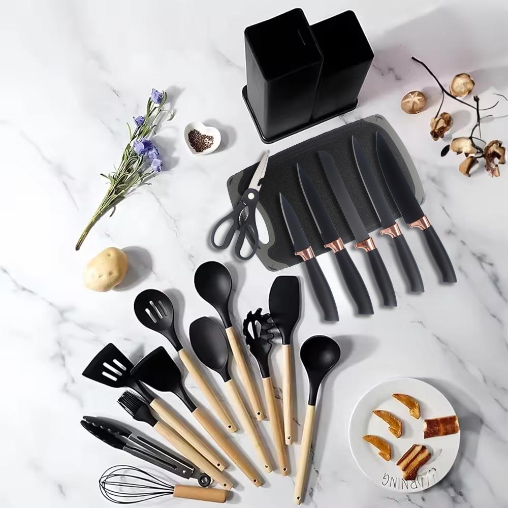 19 Piece Silicone Kitchen Utensil & Stainless-Steel Knife Set with Cutting Board