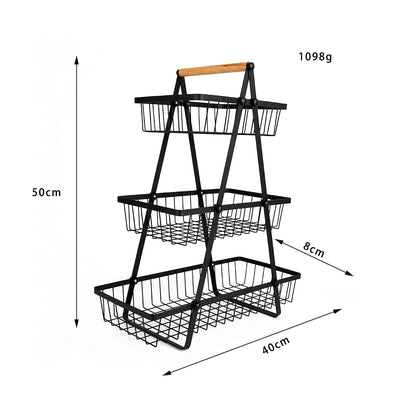 3-Tier Black Metal Wire Market Basket Storage Stand
