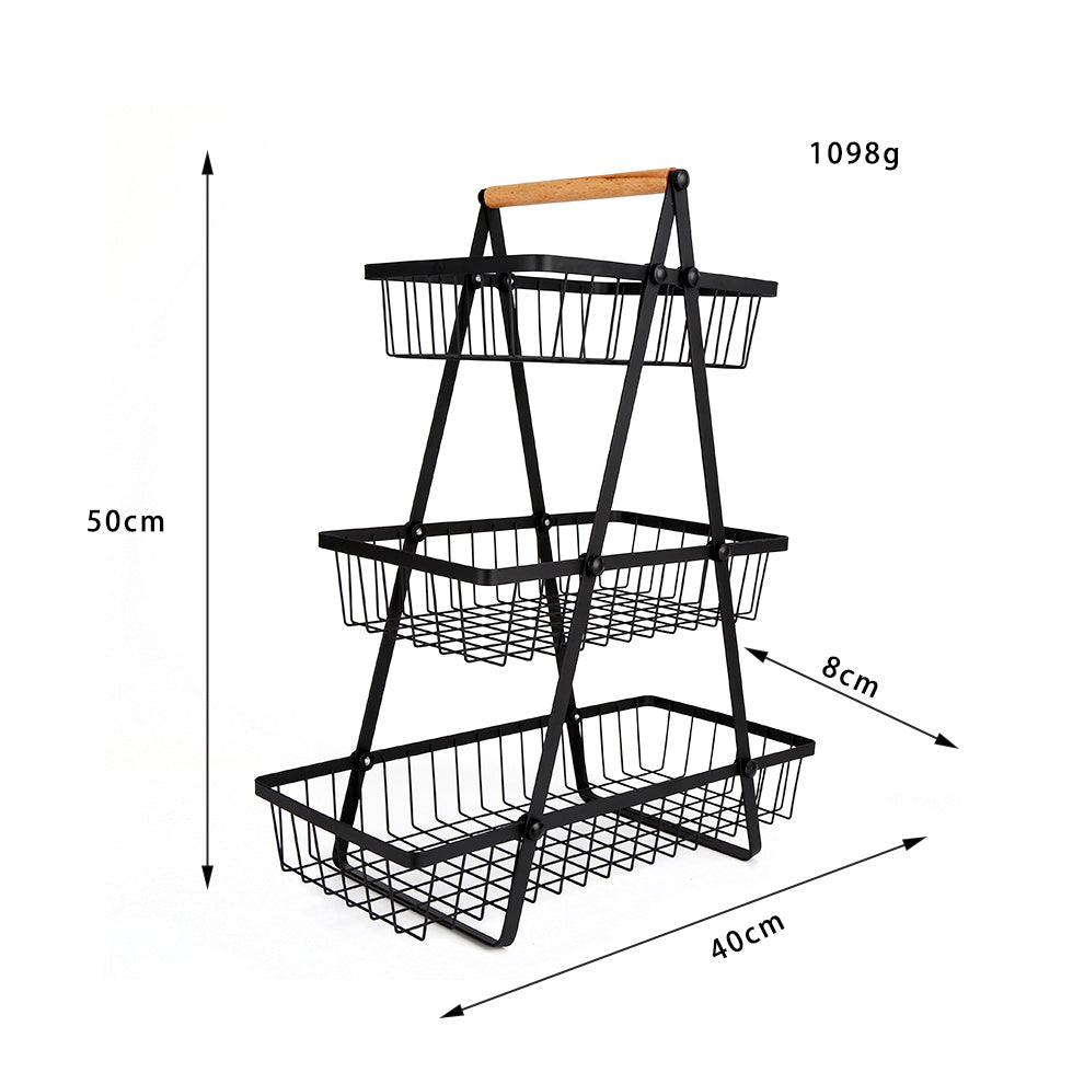 3-Tier Black Metal Wire Market Basket Storage Stand