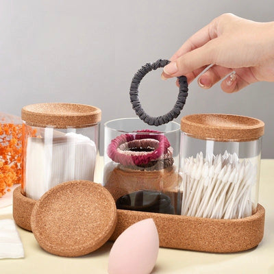 Glass Vanity Organizer Set with Natural Cork Lids & Tray
