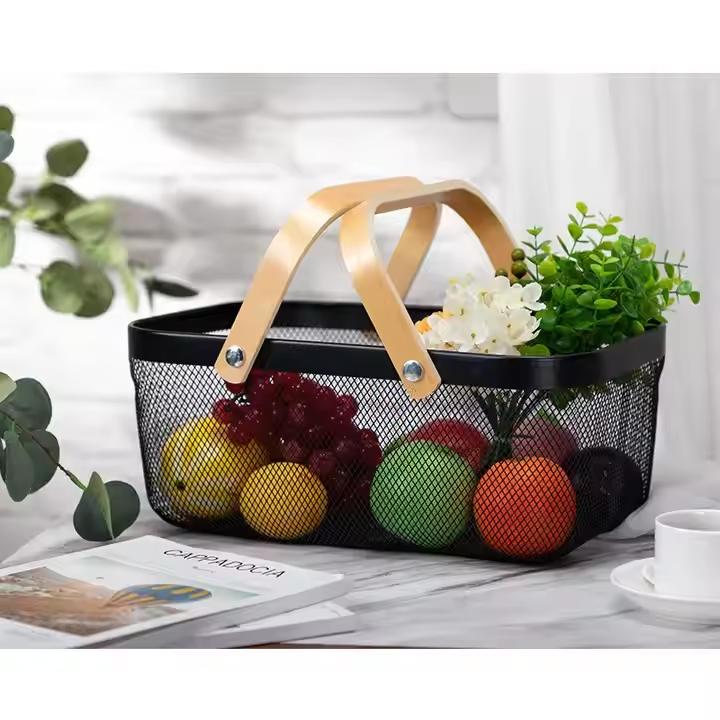 Rectangular Wire Mesh Basket Metal with Bamboo Handle