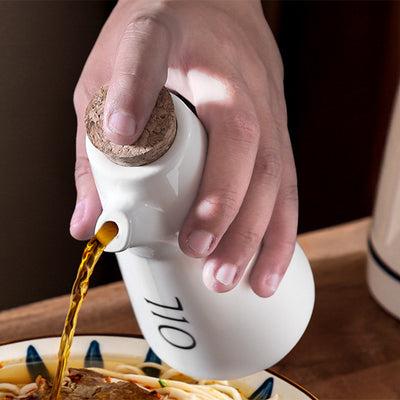 Ceramic Oil & Vinegar Dispenser Set with Wooden Tray & Cork Stoppers