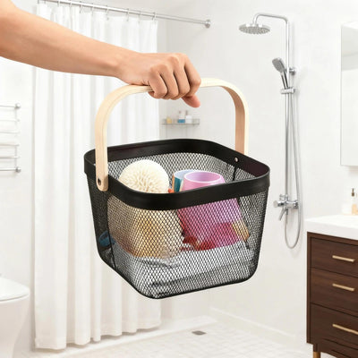 Metal Mesh Storage Basket with Wooden Handle