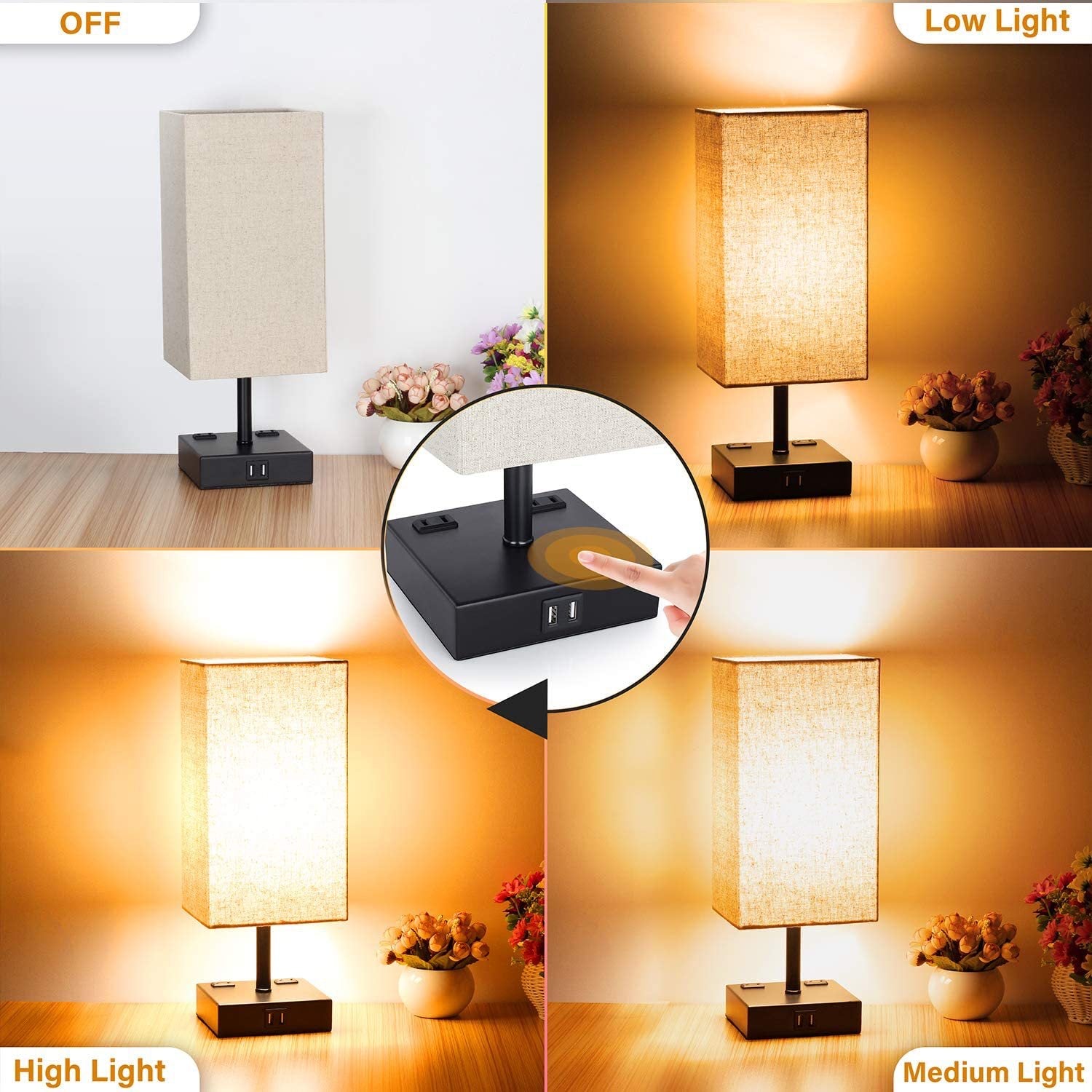 Modern Table Lamp with Dual USB Charging Ports and Linen Fabric Shade