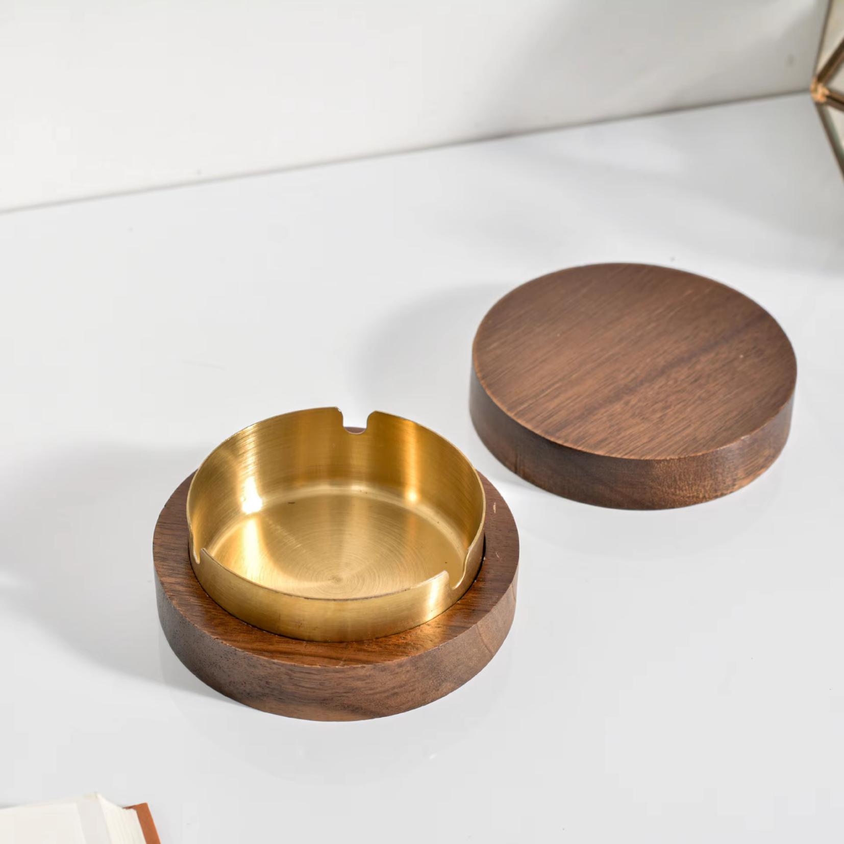 Walnut Wood Ashtray with Lid and Gold Ashtray
