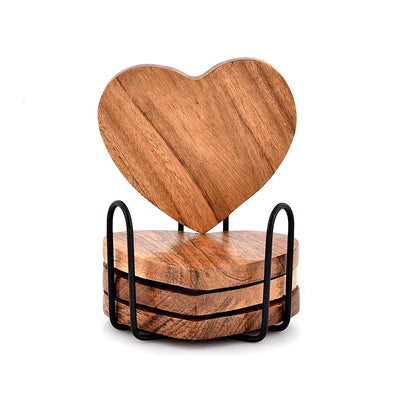 Heart-Shaped Wooden Coaster Set with Matte Black Metal Holder-Set of 4 Pcs