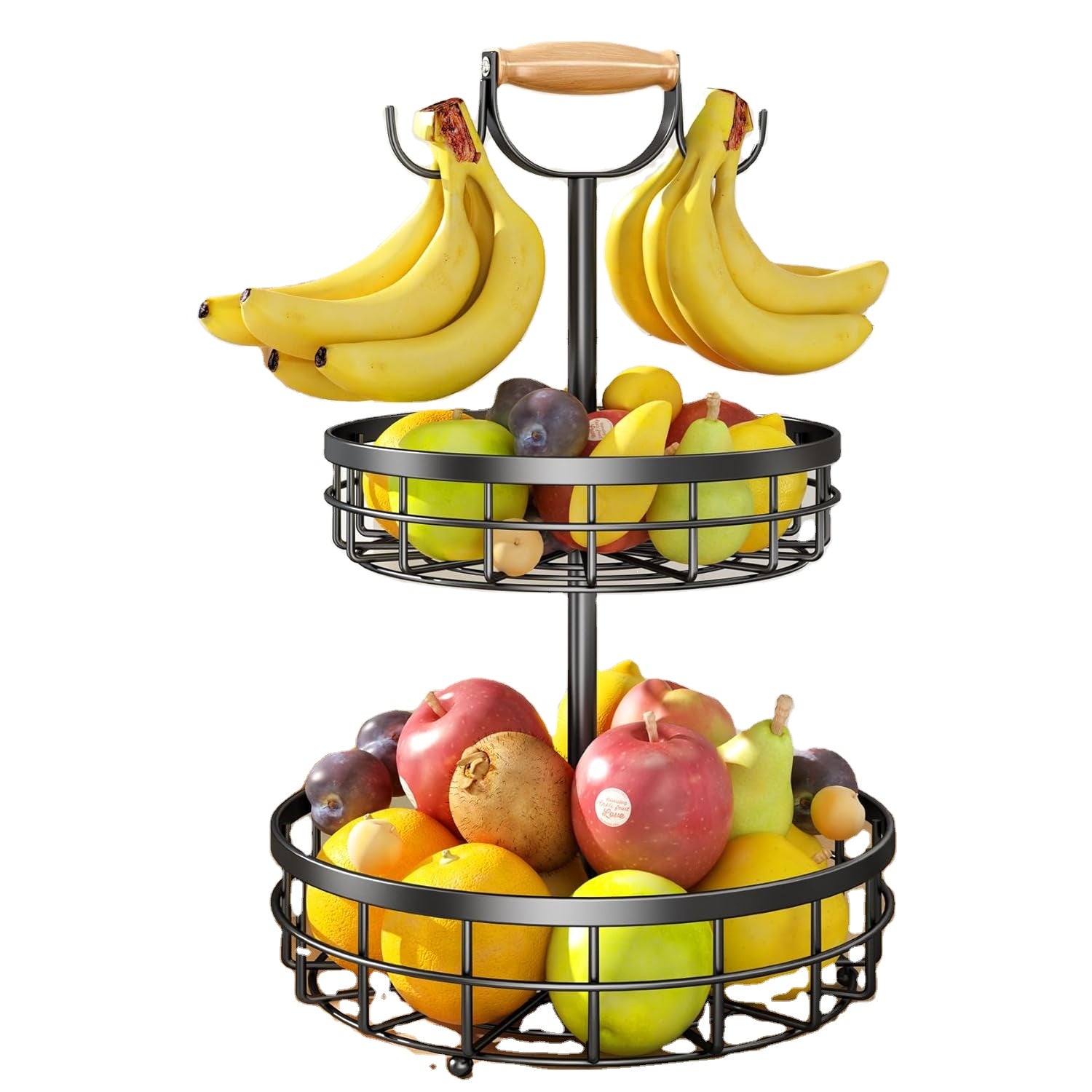 2 Tier Metal Bamboo Food Storage Fruit Basket Vegetable