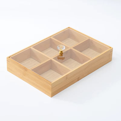 6-Compartment Bamboo Organizer Box with Clear Acrylic Lid
