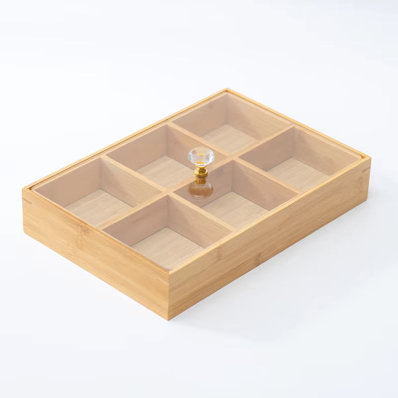 6-Compartment Bamboo Organizer Box with Clear Acrylic Lid