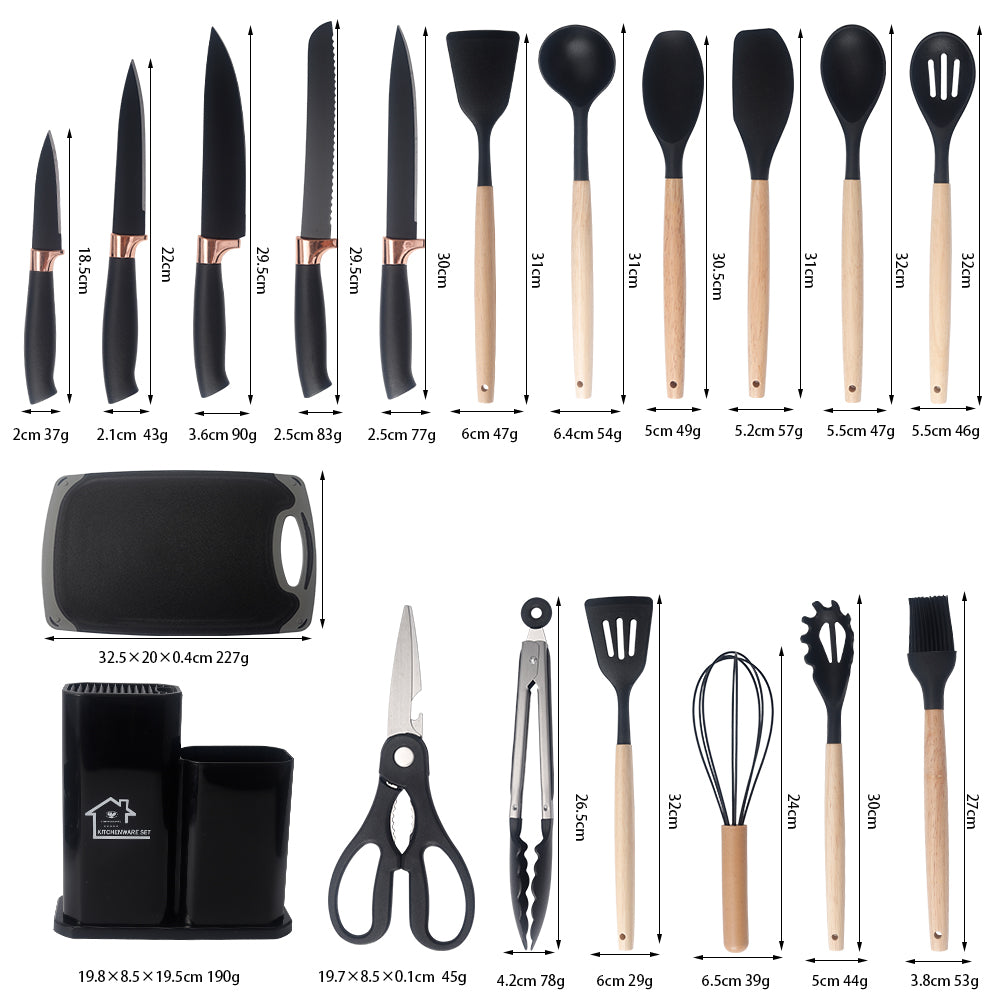19 Piece Silicone Kitchen Utensil & Stainless-Steel Knife Set with Cutting Board
