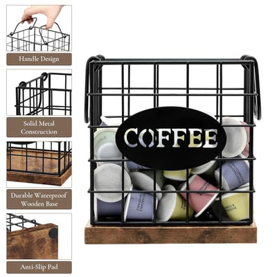 Espresso Pod Storage Basket with Wood Base